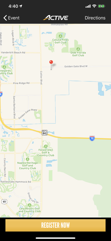 ACTIVE - Fitness Events - Map view of a fitness event location with a register now button in the ACTIVE app