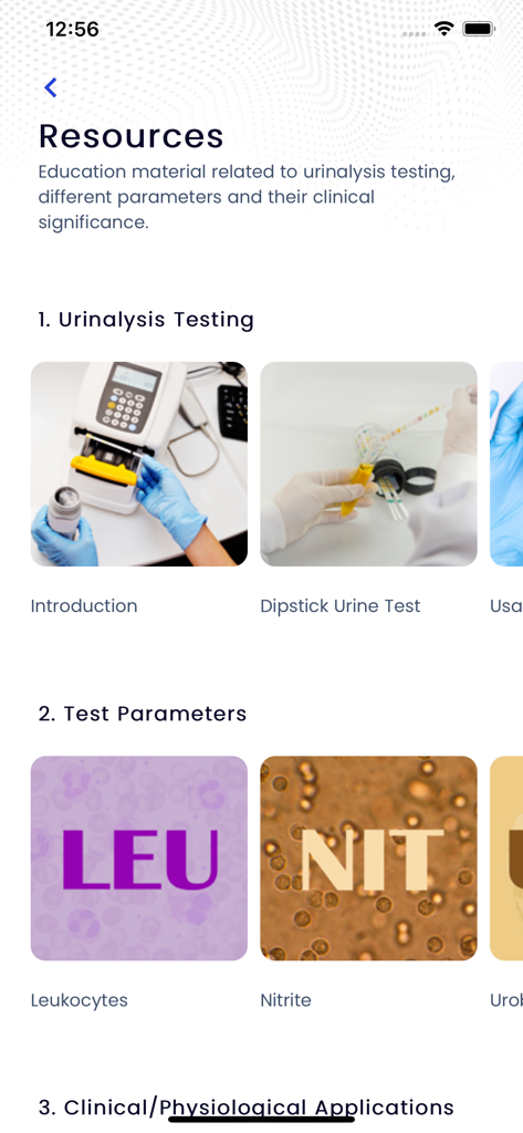 Urinox - Urinox app Resources screen featuring educational material on urinalysis testing and test parameters like leukocytes and nitrite