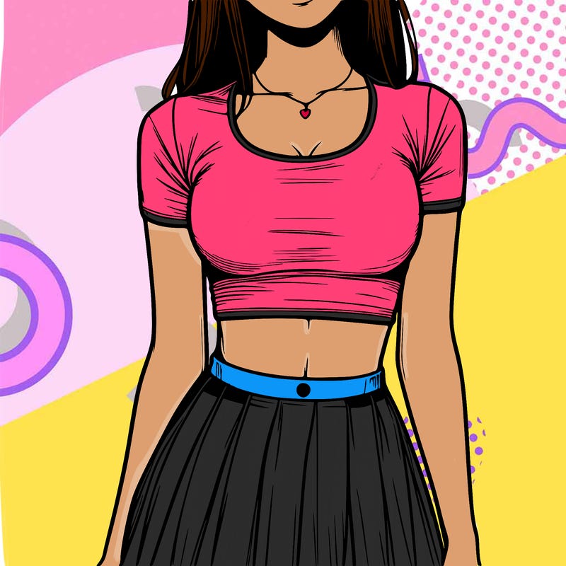 realistic girl wearing crop top and skirt