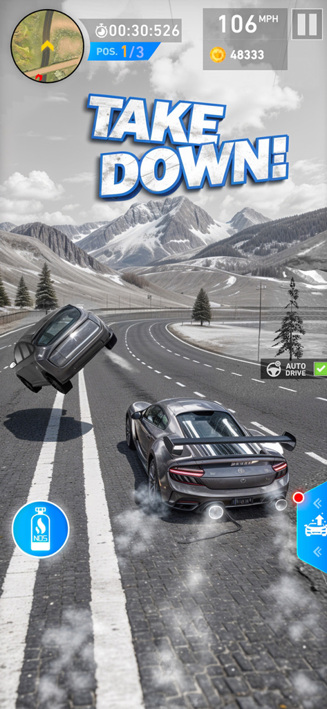 Car Games - Racing Master Pro - A high-speed car takedown in Racing Master Pro with snowy mountains in the background.