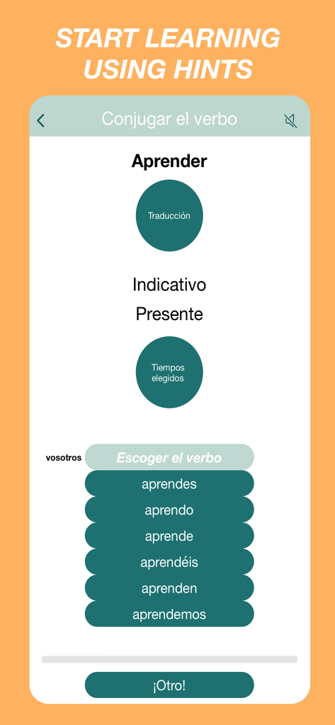 Spanish Verbs Quiz - A screen from the Spanish Verbs Quiz app showing a multiple choice conjugation exercise for the verb aprender in the present indicative tense.