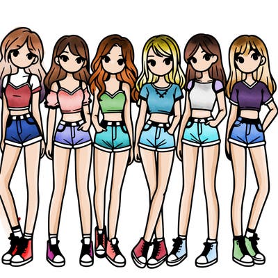 a group of girls wearing crop tops and shorts