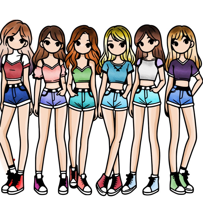 a group of girls wearing crop tops and shorts