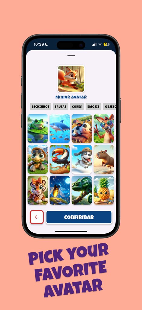 Themed Bingo - Pantalla de la aplicación Bingo Temático que muestra una variedad de lindos avatares de animales para elegir, incluyendo un zorro, una rana y una vaca.