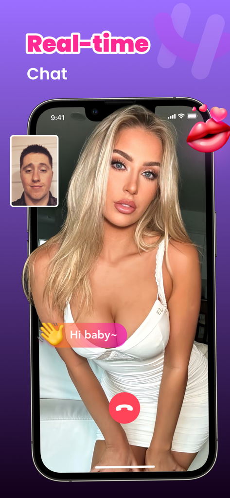 Smartphone screen displaying a live video chat session on the Hugo app