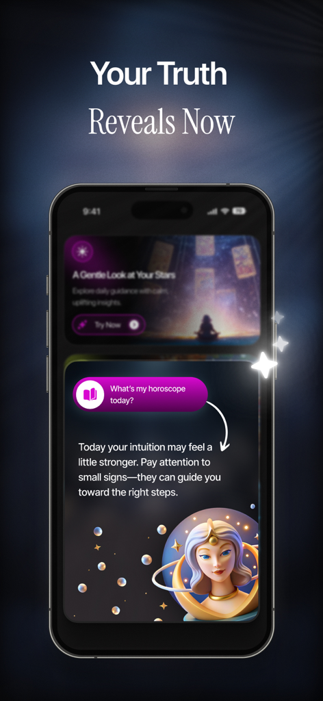 Interfaz de la aplicación móvil Smart AI Search Resultex que muestra el horóscopo diario y la guía espiritual.