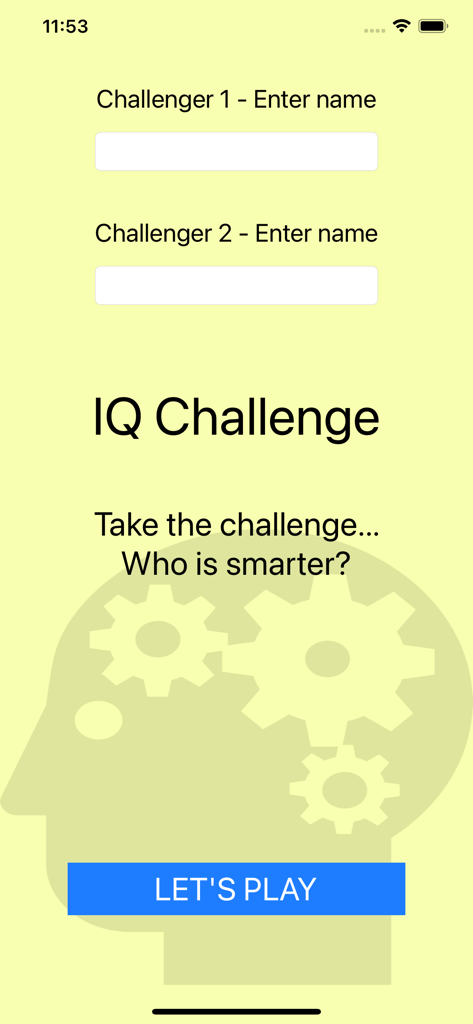 Main screen of the IQ Test Game showing name entry fields for two challengers and a Let's Play button