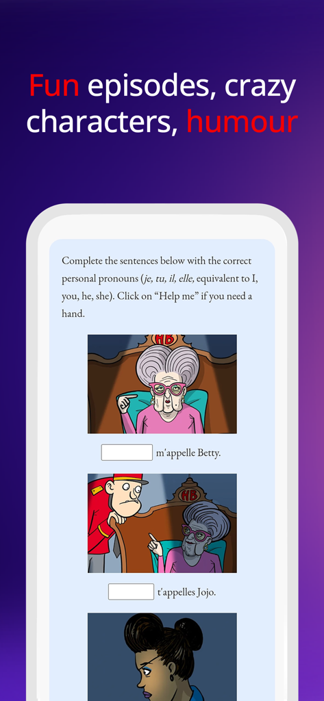 Gymglish: Learn a language - Sprachlernübung in der Gymglish-App mit exzentrischen Cartoon-Charakteren und französischen Pronomen-Lückentexten.