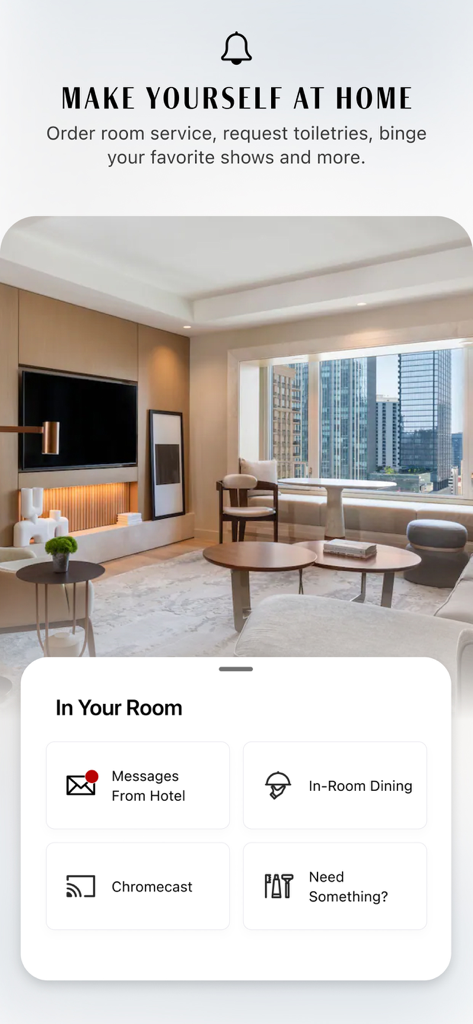 World of Hyatt: Book Hotels - World of Hyattアプリの画面、豪華なホテルのスイートの上に表示されたルームダイニング、ゲストメッセージ、Chromecastストリーミング