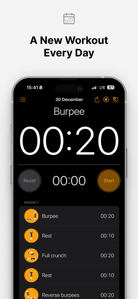 Timer Tabata for Workout, HIIT - HIIT-Workout-Timer-Oberfläche, die ein 20-sekündiges Burpee-Intervall mit einer geplanten Liste von Übungen und Ruhezeiten anzeigt