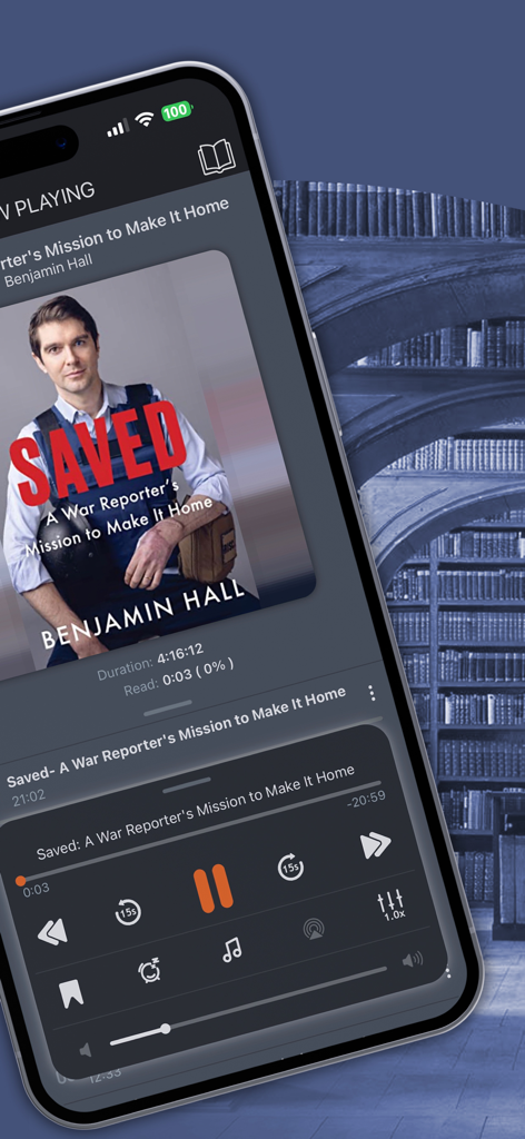 Interface de l'application mobile ListenBook Pro montrant l'écran de lecture en cours d'un livre audio avec les contrôles de lecture et le réglage de la vitesse