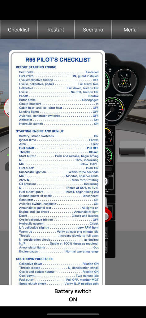 R66 Cockpit Trainer - Checklist do piloto do Robinson R66 para procedimentos de partida e corte do motor do helicóptero