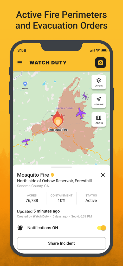 Watch Duty: Wildfire Maps - Watch Duty app screen showing an active wildfire perimeter and real-time flight tracking on a map