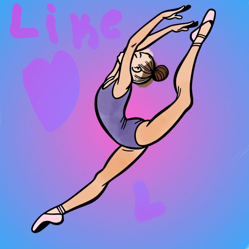 gymnast doing a leap in a leotard with a bent back leg