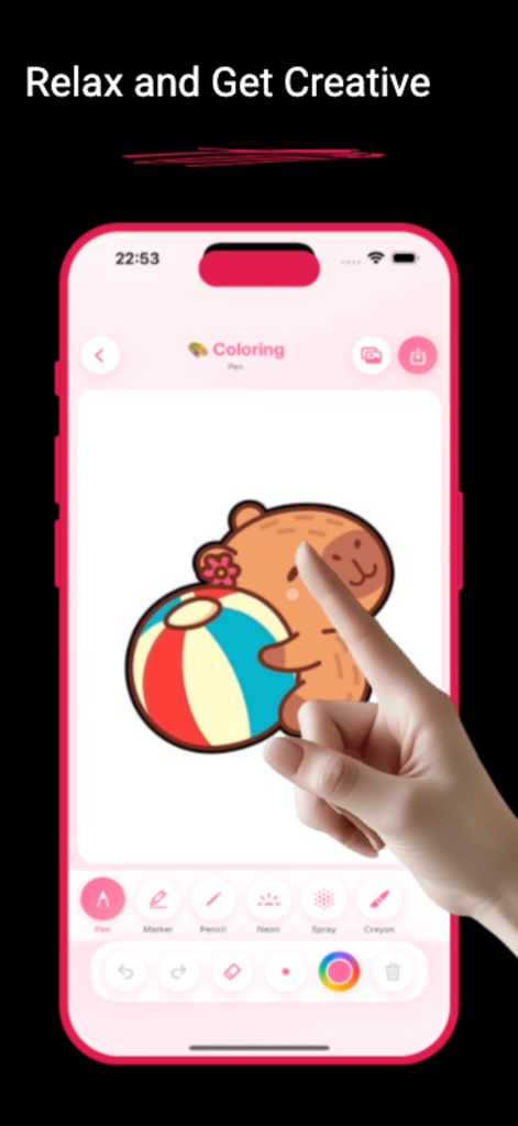 Capybara Coloring – Cute Art - Utilisateur coloriant un capybara mignon tenant un ballon de plage dans l'interface de l'application mobile Coloriage Capybara.