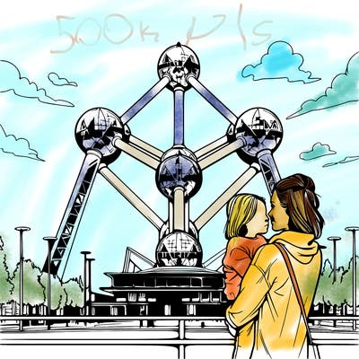 a women with her child in front of the atomium in belgium realistic