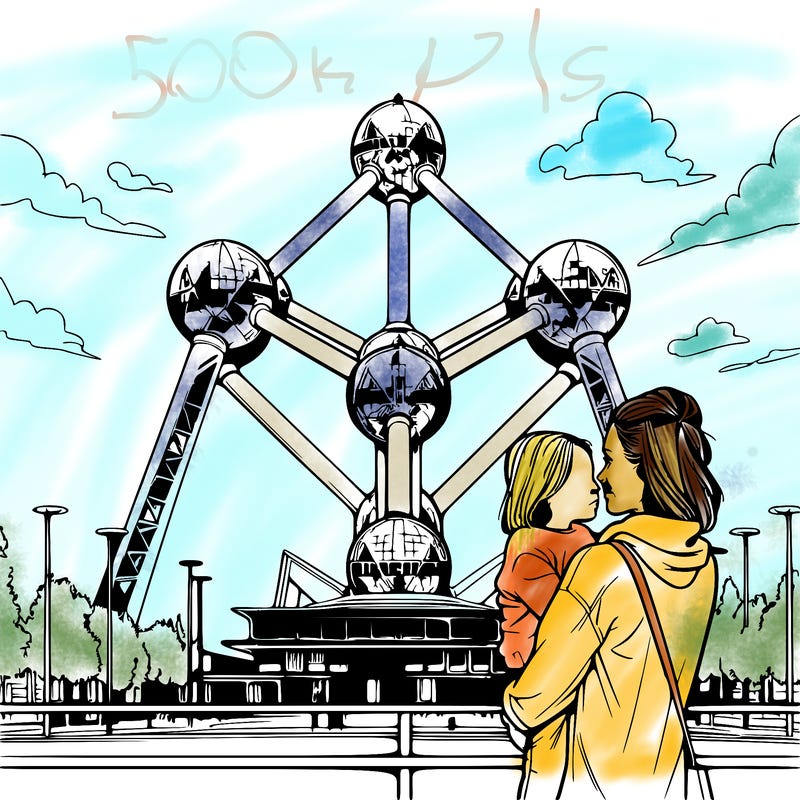a women with her child in front of the atomium in belgium realistic