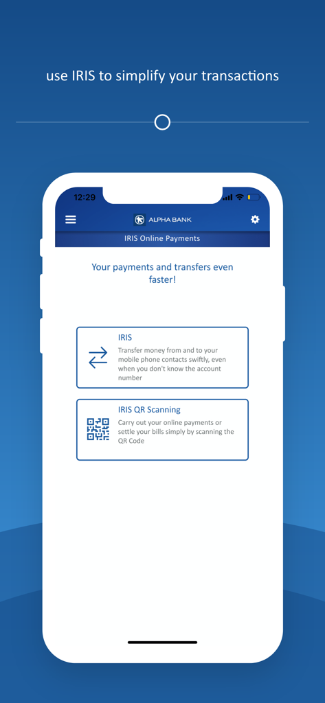 L'écran IRIS Online Payments de l'application mobile myAlpha affiche les options de transfert d'argent et de lecture de QR codes.