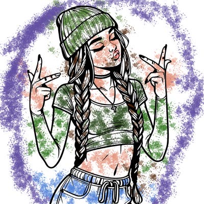 realistic teenage girl with braids and a beanie and crop top doing 🫶🏼