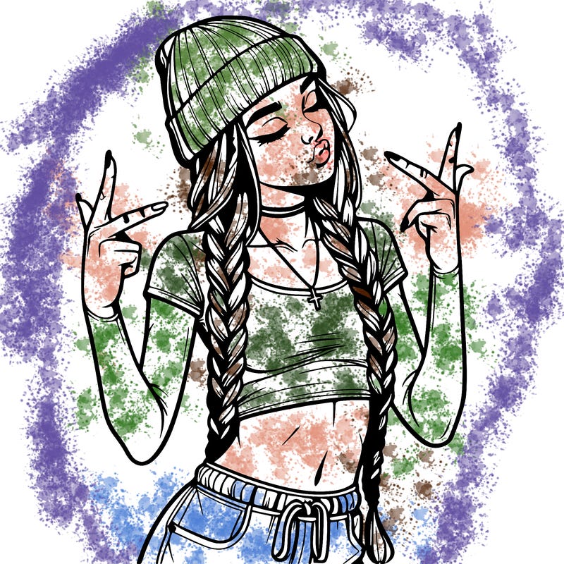 realistic teenage girl with braids and a beanie and crop top doing 🫶🏼