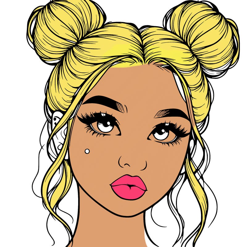 realistic girl with two buns on her hair and lips