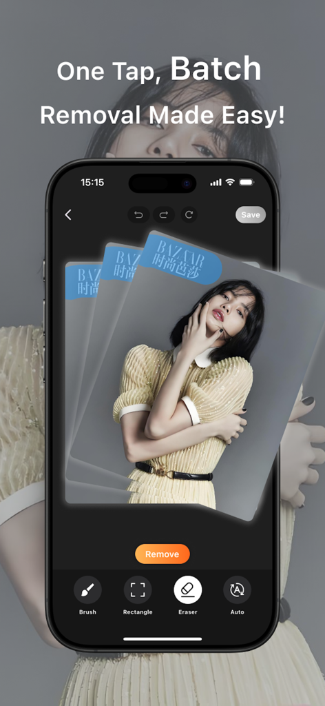 Unwatermark: Remove Objects AI - Smartphone screen showing batch watermark removal in the Unwatermark app interface