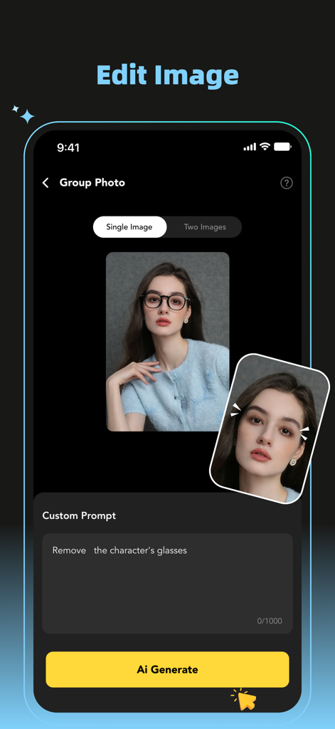 Maker AI Photo & Video Creator - Interfaz de la aplicación Maker AI que muestra una función de indicación personalizada para eliminar gafas de una foto de retrato