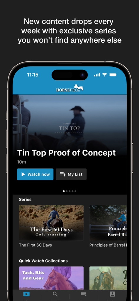 Tela do aplicativo móvel HORSEpro TV exibindo séries de vídeos de treinamento de cavalos western.