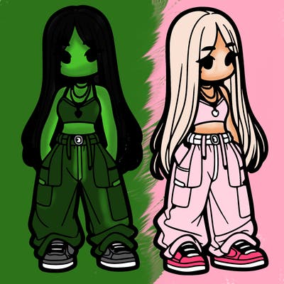 girl in baggy pants crop top and long hair