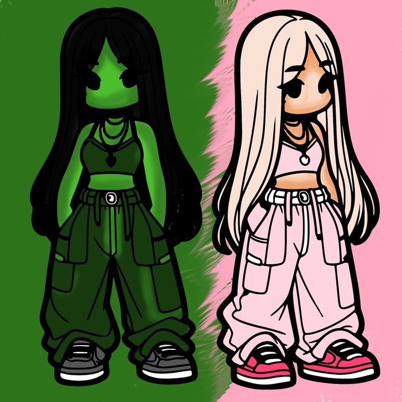 girl in baggy pants crop top and long hair