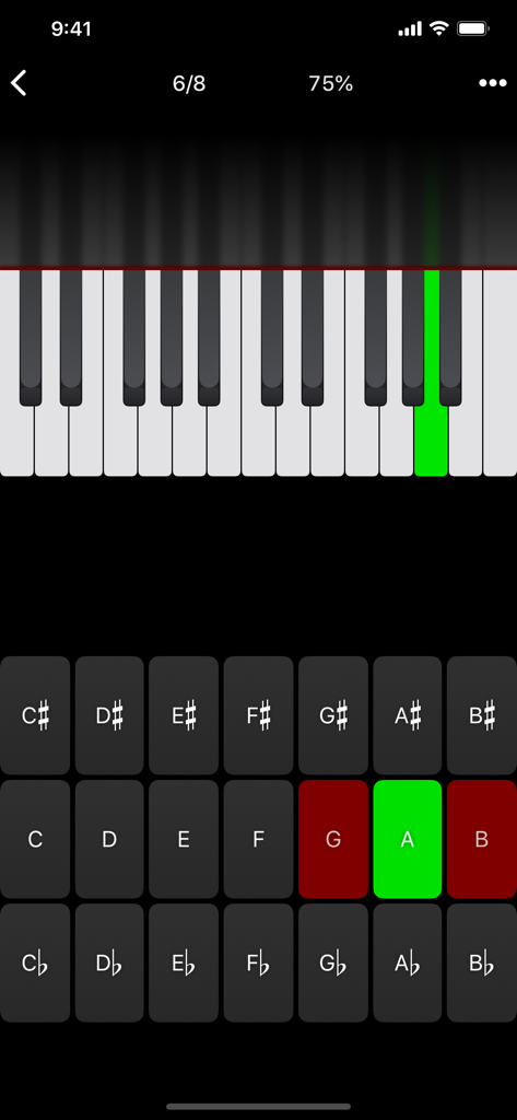 Tenuto - Tenuto music theory app interface showing a piano keyboard note identification exercise with a highlighted green key and letter buttons