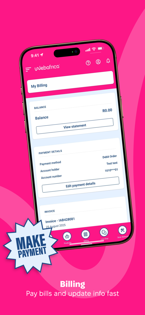 Webafrica app - Webafrica app billing screen showing account balance and payment options