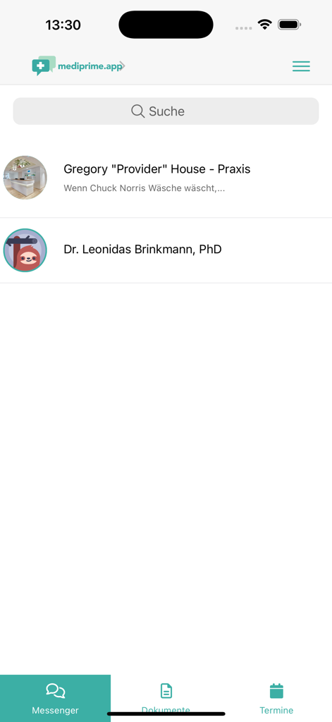 mediprime.app - Oberfläche der mediprime App, die den Messenger-Tab mit einer Liste von Arztpraxen und Ärzten anzeigt.