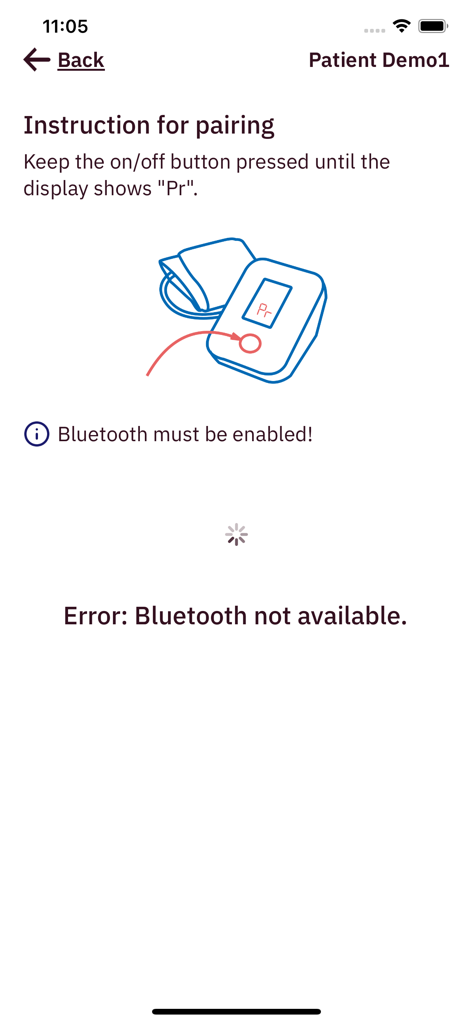 Écran d'instructions dans l'application Dialogg pour coupler un tensiomètre via Bluetooth avec un message d'erreur de connexion