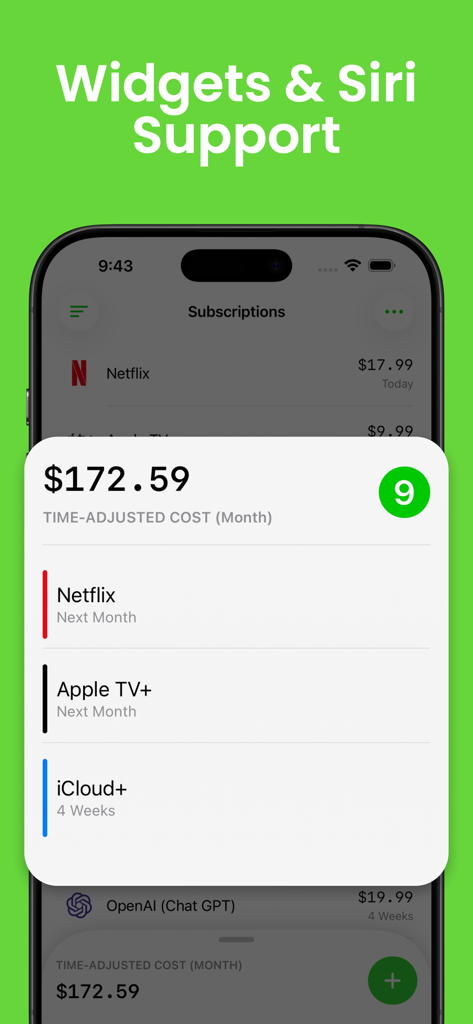 iPhone home screen widget showing monthly subscription costs and upcoming bills for services like Netflix and Apple TV plus