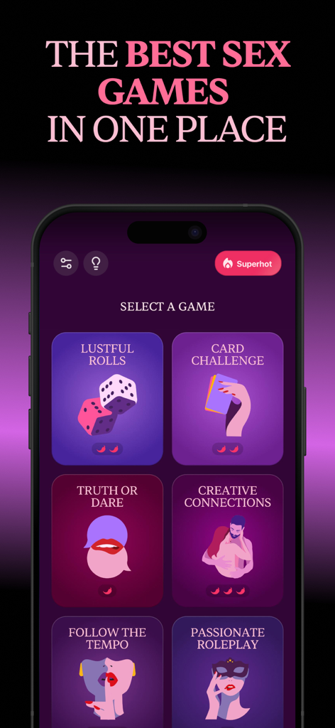 Fuego: Hot Spicy Couple Games - Ecrã principal da aplicação Fuego mostrando uma variedade de jogos picantes para casais.