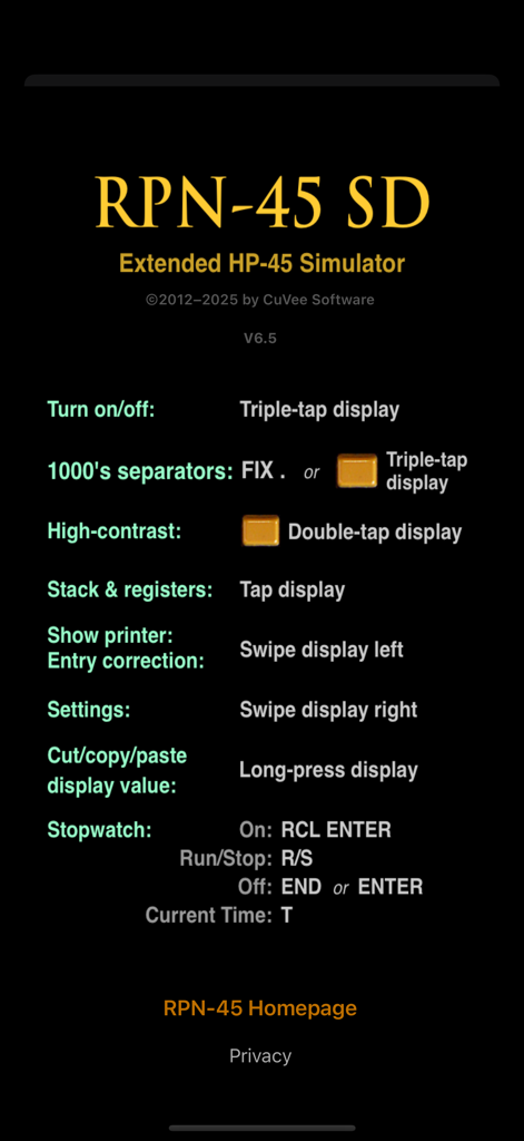 RPN-45 SD - Pantalla de instrucciones para la aplicación de calculadora RPN-45 SD que muestra varios atajos de gestos y funciones.