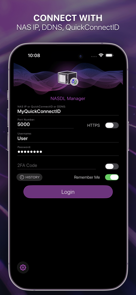 NASDL Manager - Login screen for NASDL Manager app showing connection settings for Synology NAS including QuickConnectID and two-factor authentication.