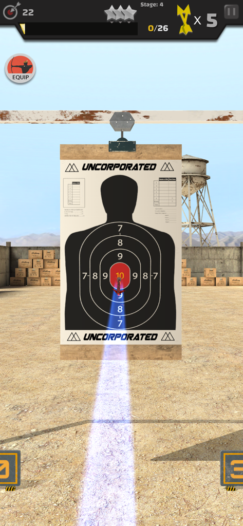 Arrow Master: Archery Game - Perspectiva en primera persona de un arco de tiro con arco apuntando a un objetivo de papel de silueta humana en un campo de tiro exterior en 3D.