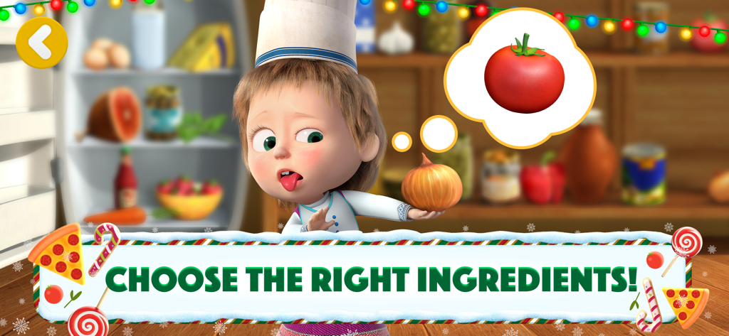 Masha and The Bear: Pizzeria! - Masha dressed as a chef choosing the right pizza ingredients in the kitchen