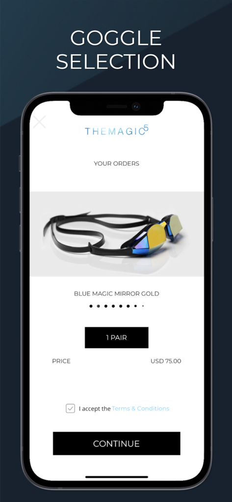 TheMagic5 app screen showing the selection of custom Blue Magic Mirror Gold swimming goggles for 75 dollars.