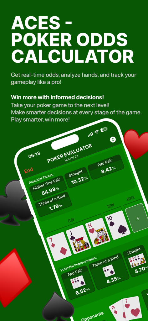 Aces Poker Odds Calculator Mobile App zeigt Echtzeit-Handanalyse und Gewinnwahrscheinlichkeiten an