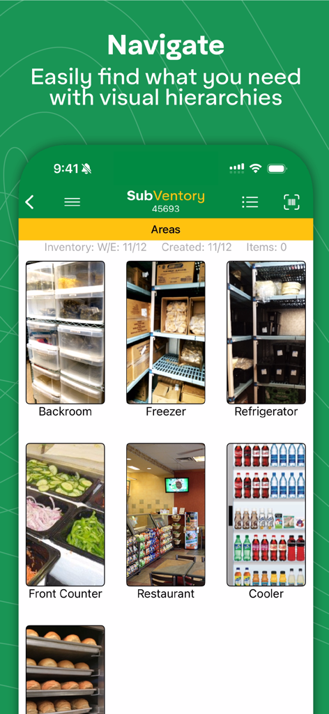 SubVentory - SubVentory app interface showing visual navigation for restaurant inventory areas like freezer and cooler.