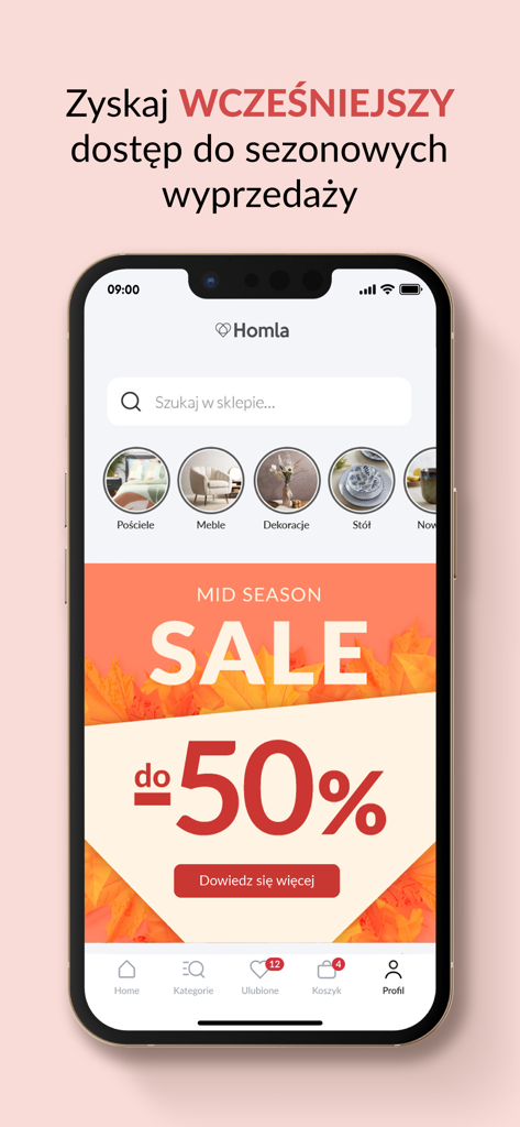 Smartphone screen showing the Homla app homepage with a 50 percent off mid season sale banner and product categories.