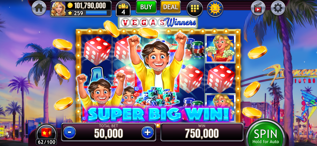 Slots of Luck Vegas Casino - Une annonce de Super Gros Gain sur une machine à sous sur le thème de Vegas avec des pièces d'or volantes et des dés rouges