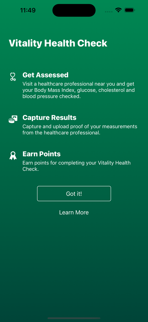 Étapes pour effectuer un bilan de santé Vitality dans l'application, y compris l'évaluation, la capture des résultats et le gain de points