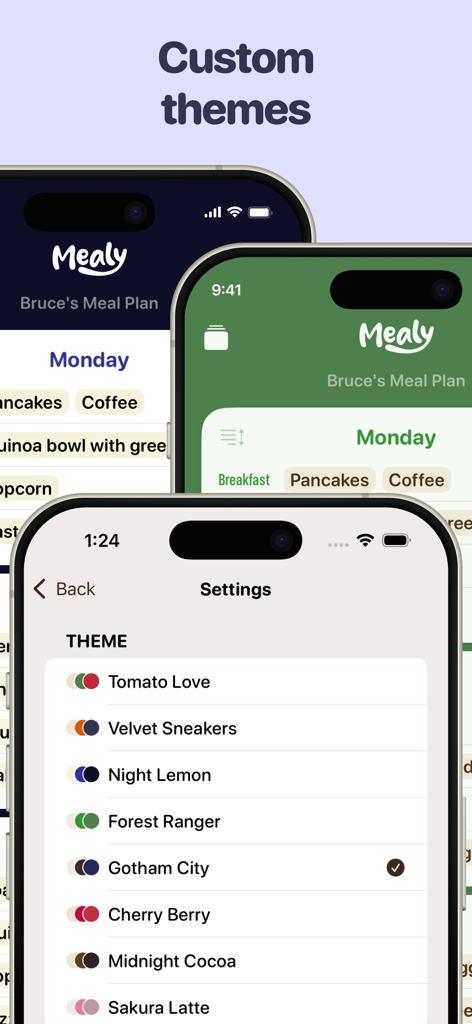 Weekly Meal Planner - Mealy - Eine mobile App-Oberfläche, die eine Vielzahl von bunten benutzerdefinierten Designoptionen für den Mealy wöchentlichen Essensplaner anzeigt