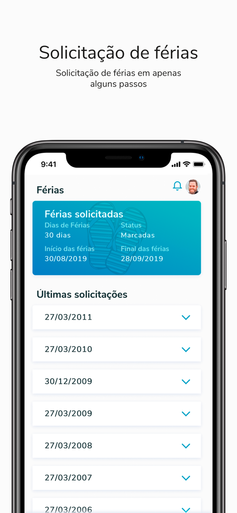 TOTVS My HR - Schermata dello smartphone che mostra il riepilogo e la cronologia delle richieste di ferie sull'app TOTVS My HR