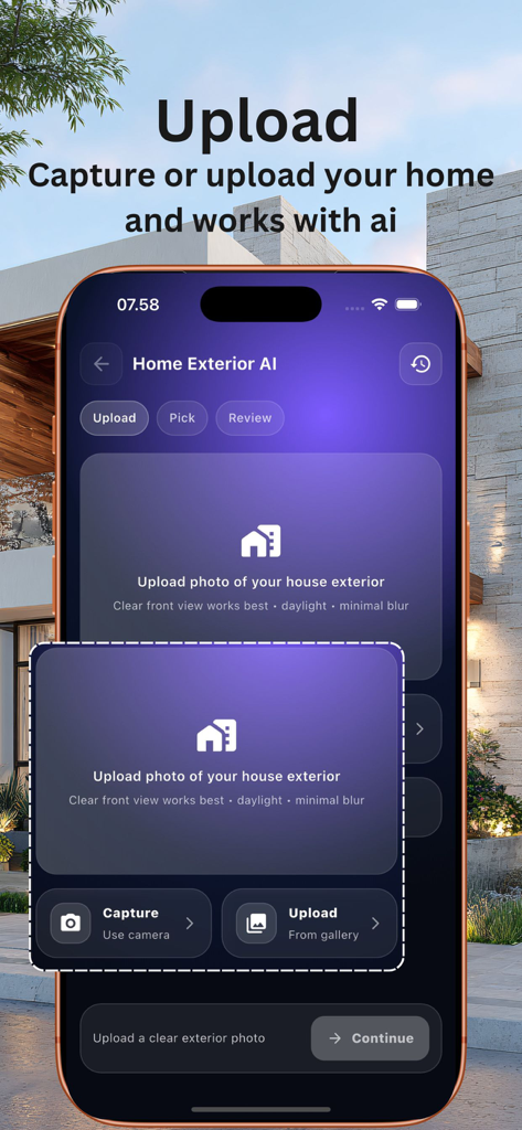 Exterior Ai : Home Landscape - The upload screen of the Exterior Ai app showing options to capture or upload a house exterior photo to start the AI design process.