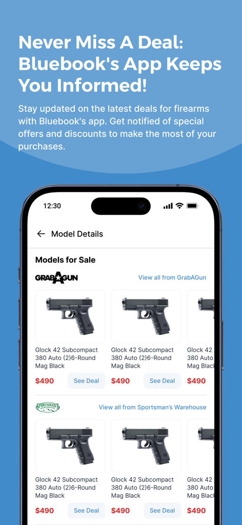 Blue Book of Gun Values app interface showing firearm listings and price deals for Glock pistols